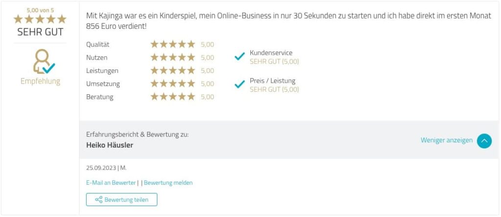 Testimonial Kajinga User Proven Expert