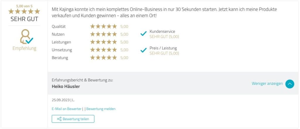 Testimonial Kajinga User Proven Expert