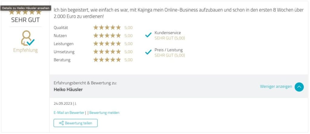 Testimonial Kajinga User Proven Expert