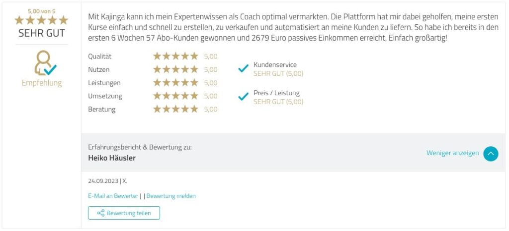 Testimonial Kajinga User Proven Expert