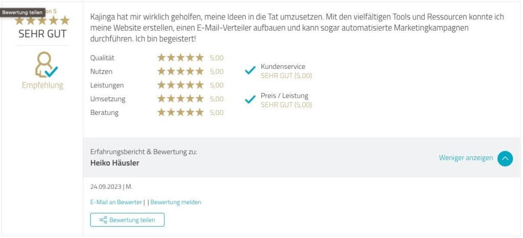 Testimonial Kajinga User Proven Expert