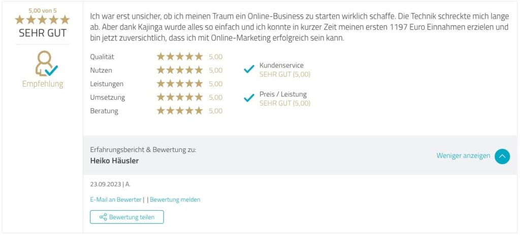 Testimonial Kajinga User Proven Expert
