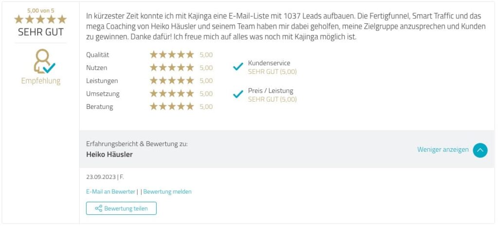 Testimonial Kajinga User Proven Expert