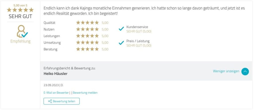 Testimonial Kajinga User Proven Expert