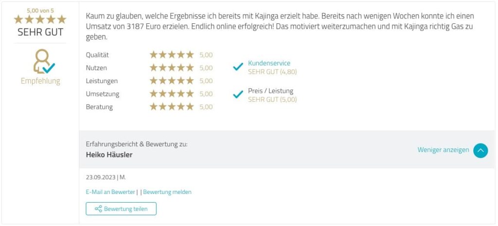Testimonial Kajinga User Proven Expert