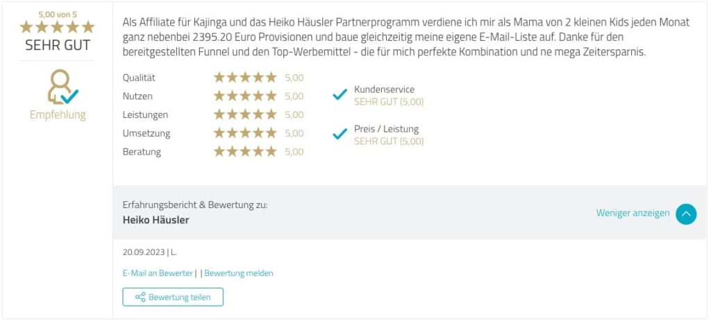 Testimonial Kajinga User Proven Expert