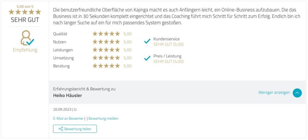 Testimonial Kajinga User Proven Expert