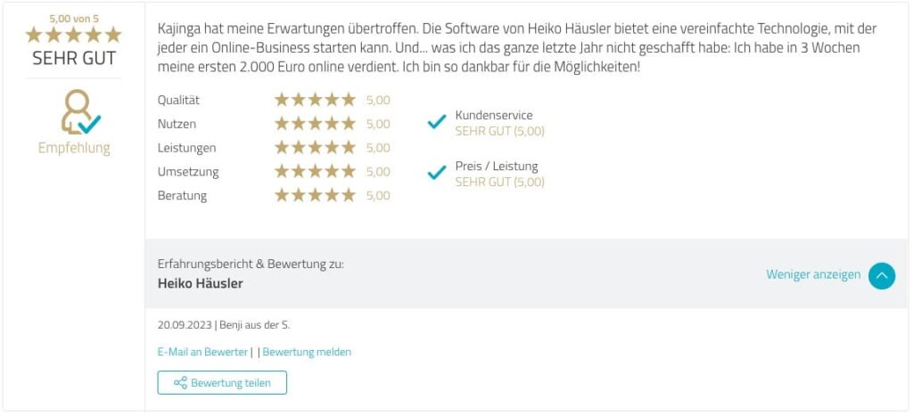 Testimonial Kajinga User Proven Expert