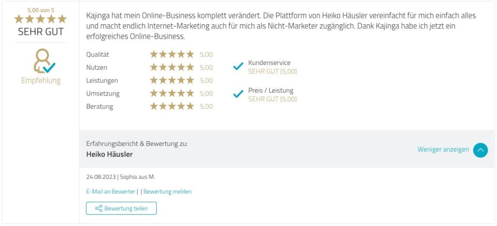 Testimonial Kajinga User Proven Expert