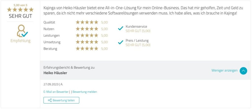 Testimonial Kajinga User Proven Expert