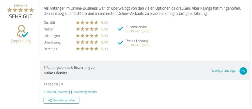 Testimonial Kajinga User Proven Expert