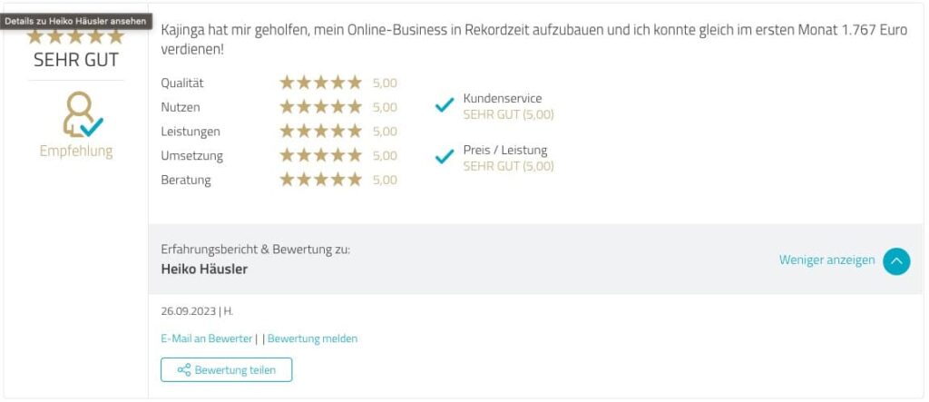 Testimonial Kajinga User Proven Expert