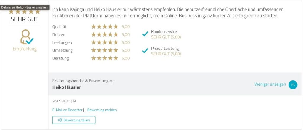 Testimonial Kajinga User Proven Expert